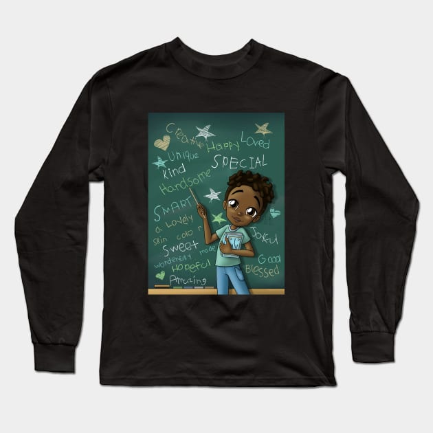 African American Boy Dark Brown and Positive Words Long Sleeve T-Shirt by treasured-gift